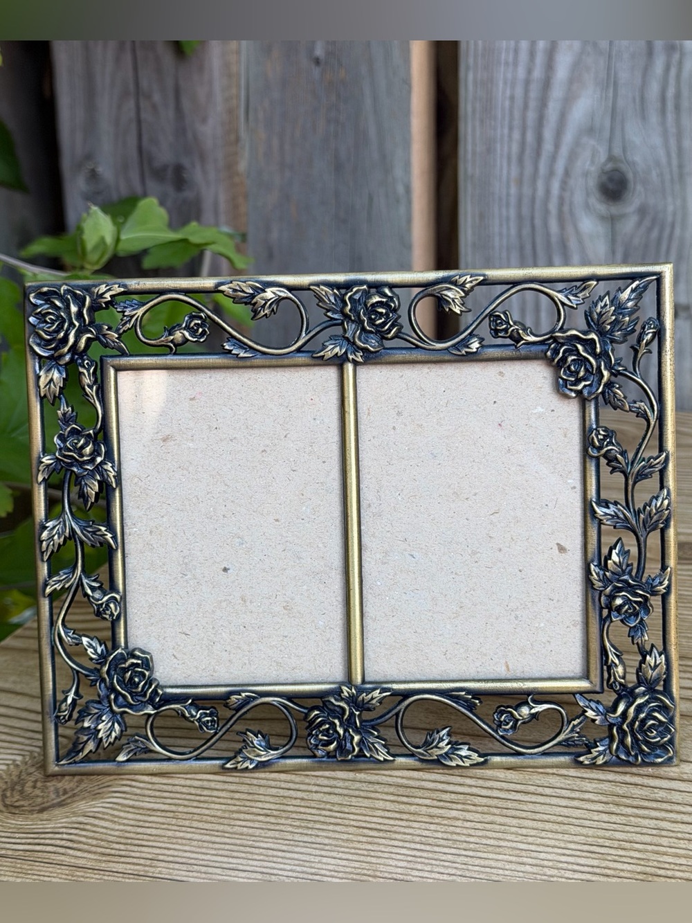 Vintage Bronze Tone Ornate Floral Rose Sectioned Double Tabletop Picture Frame